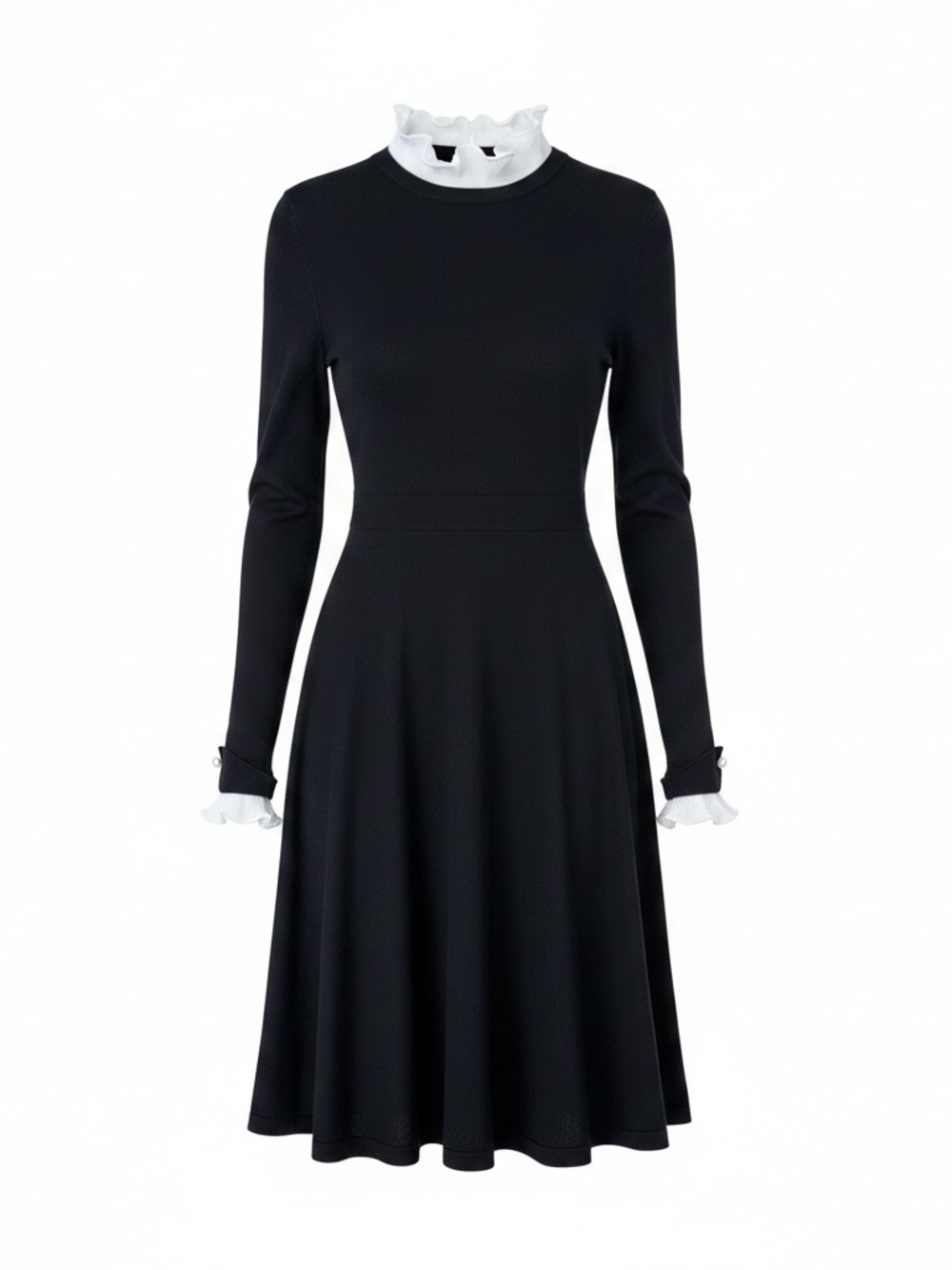 CeCe Black & White Knit Dress with Ruffled Neckline